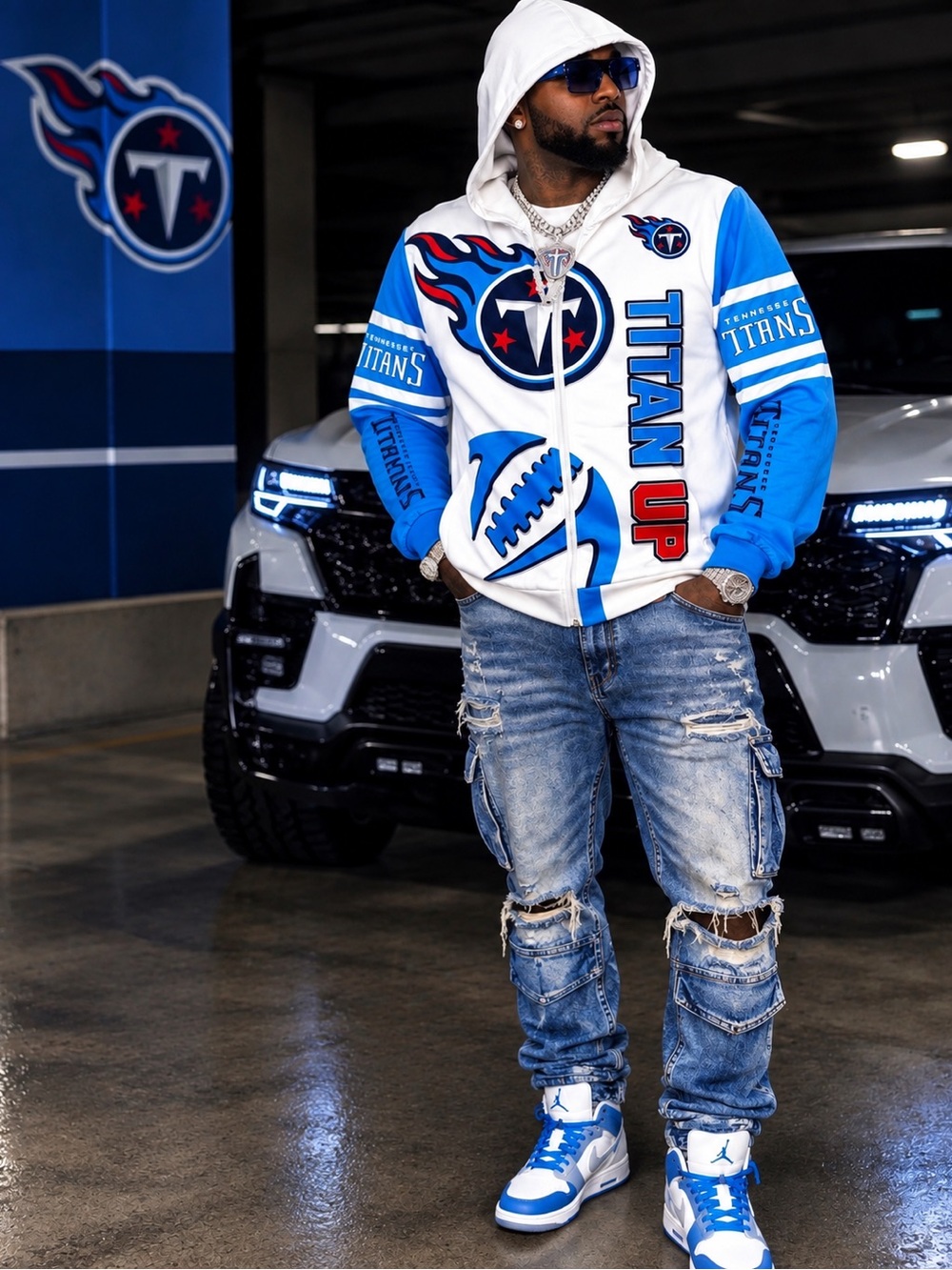 Men's Graphic Zip Hoodie - White & Team Blue
